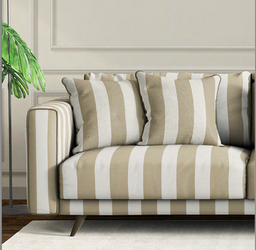 Close-up detail of ivory and sand atelier stripe velvet fabric