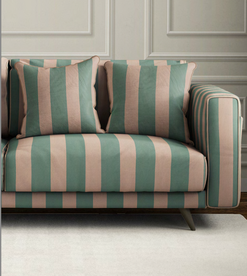 Close-up detail of sage and blush atelier stripe velvet fabric