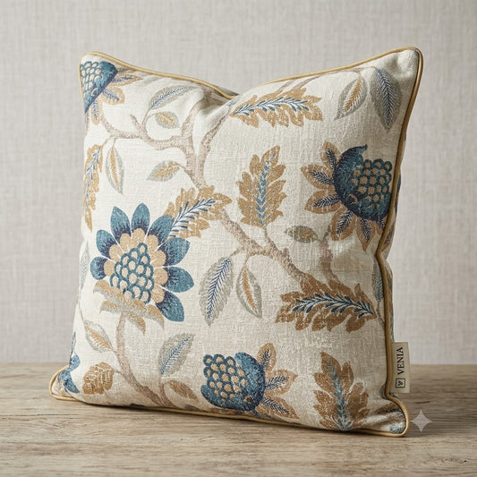 Cobalt autumn orchard fabric on cushion