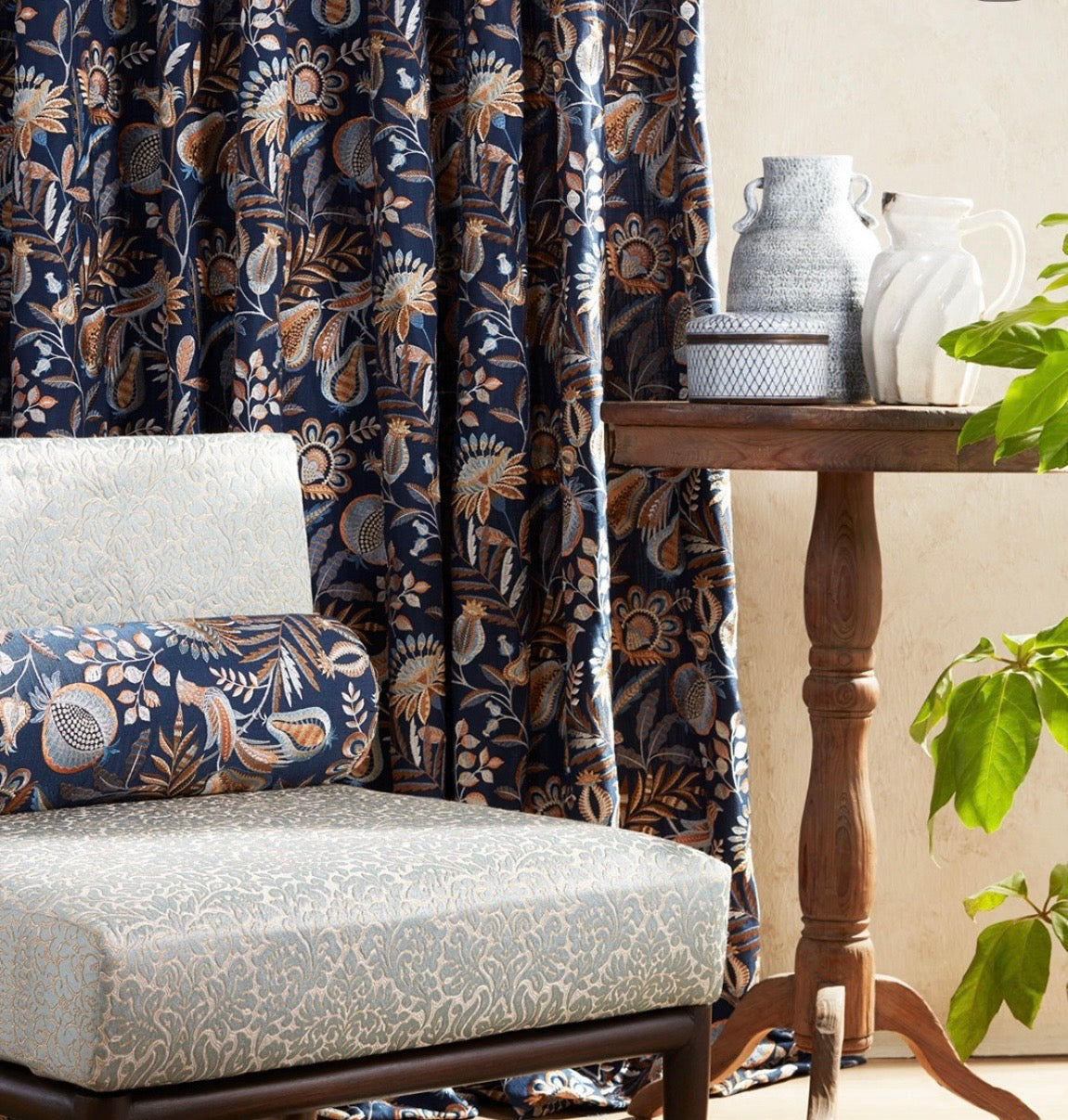 Close-up detail of indigo gold autumn song fabric