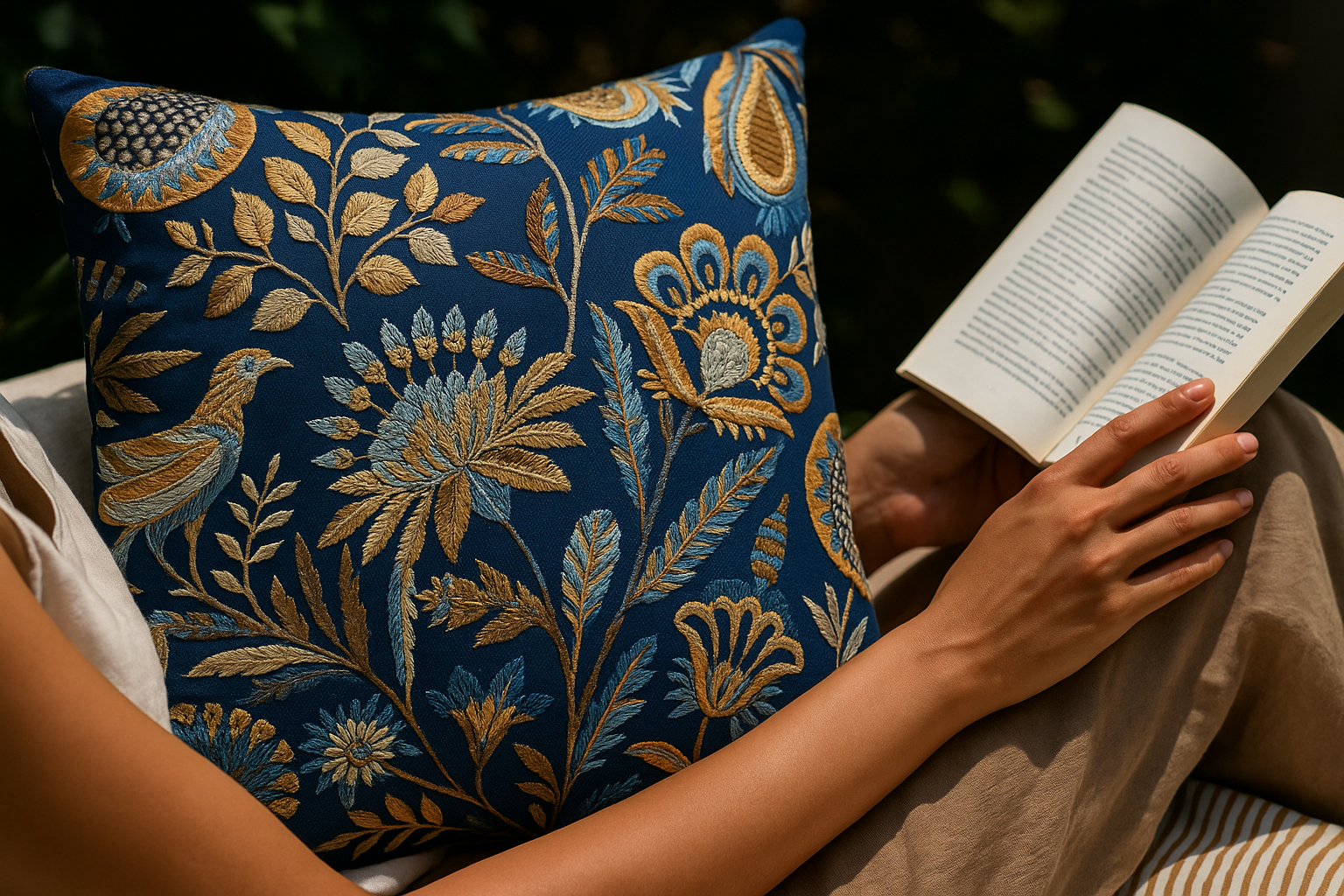 Indigo gold autumn song fabric styled detail