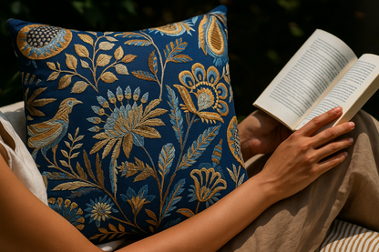 Indigo gold autumn song fabric styled detail