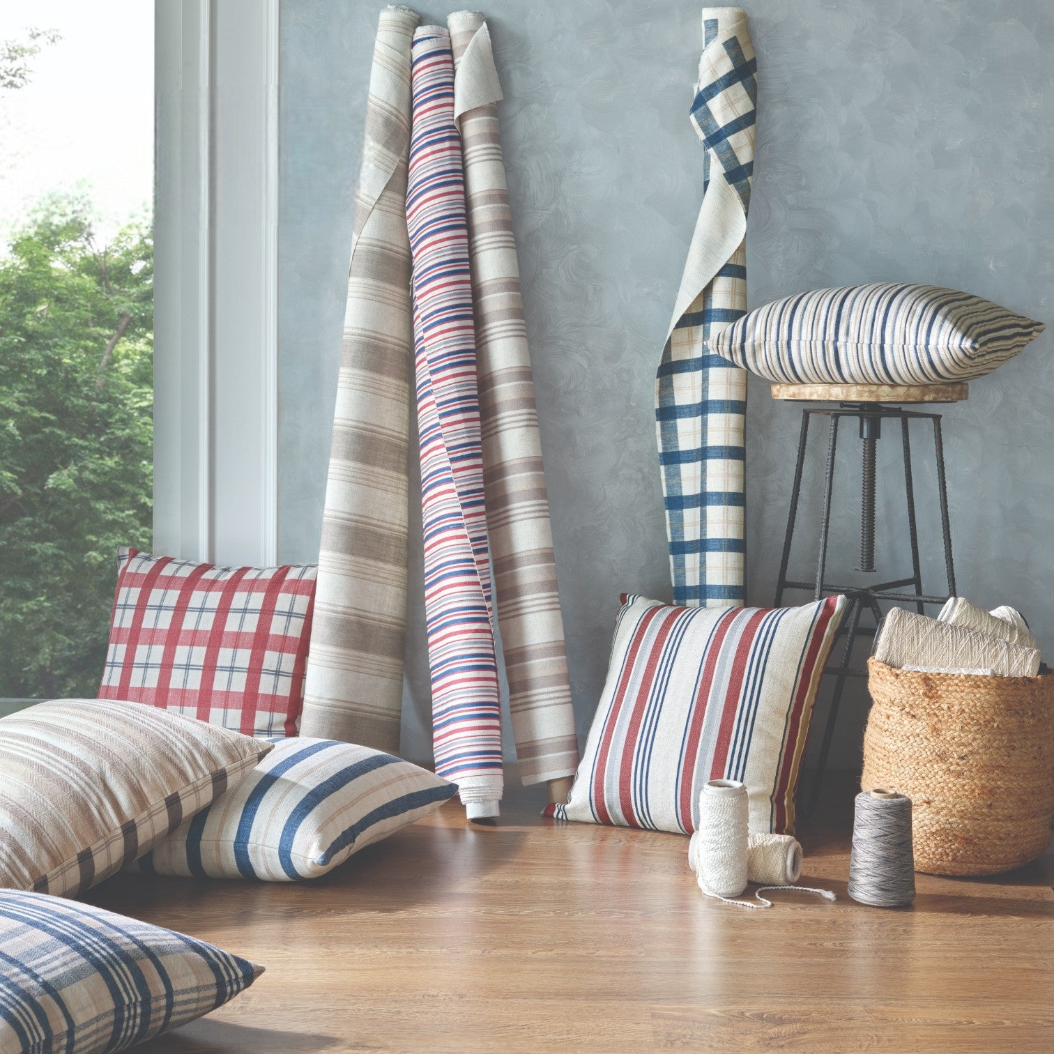 Close-up detail of blue axis vertical stripe fabric