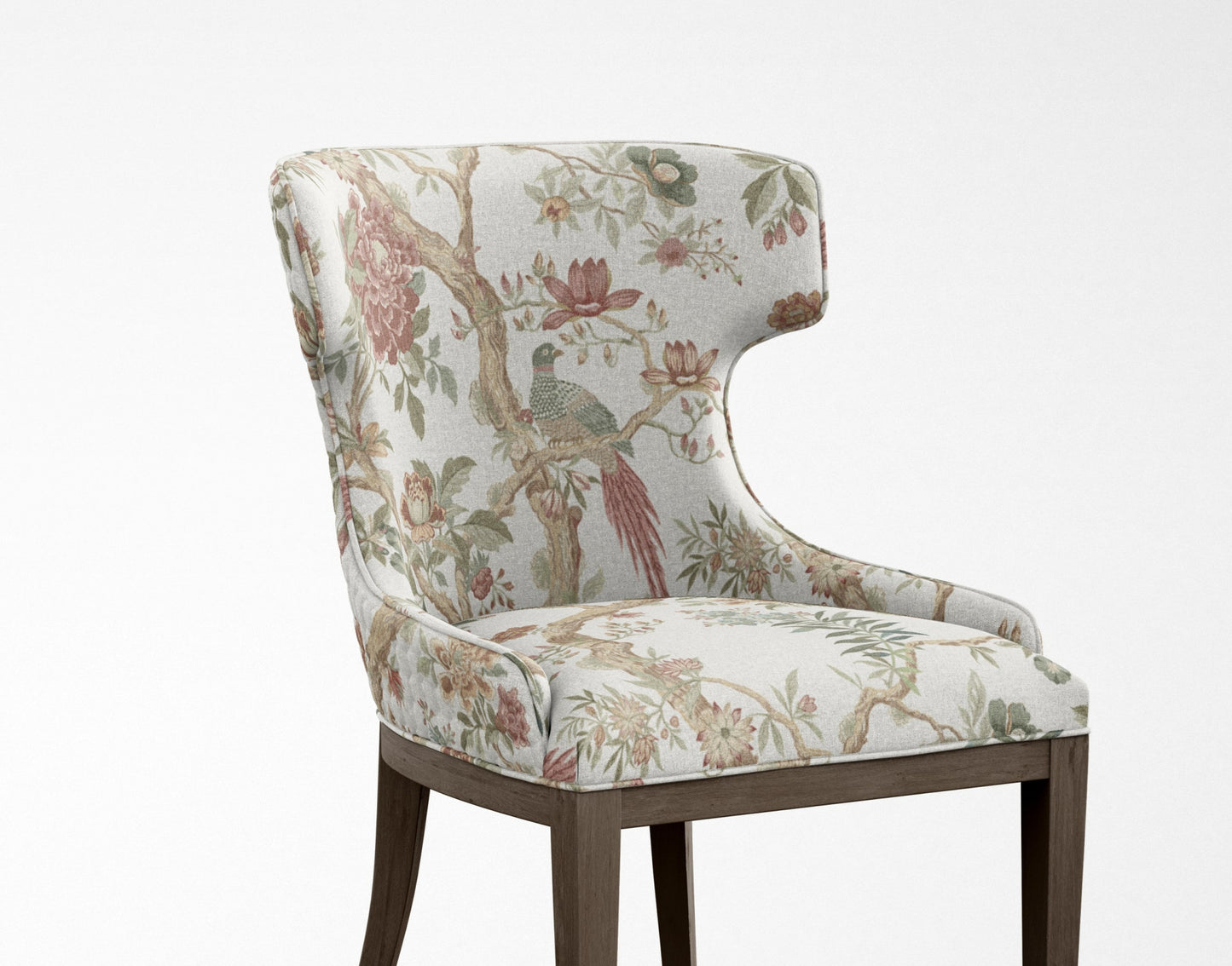Close-up detail of ivory and crimson birds of paradise fabric