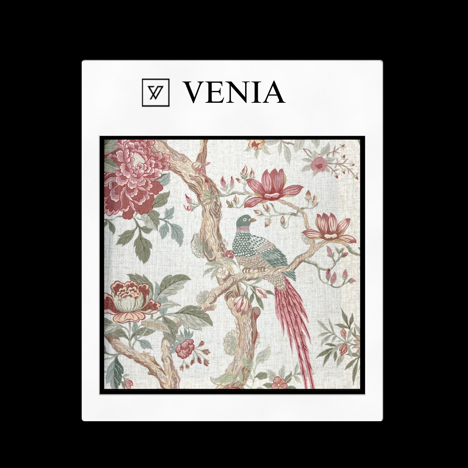 Ivory with crimson birds of paradise upholstery fabric swatch by Venia Home