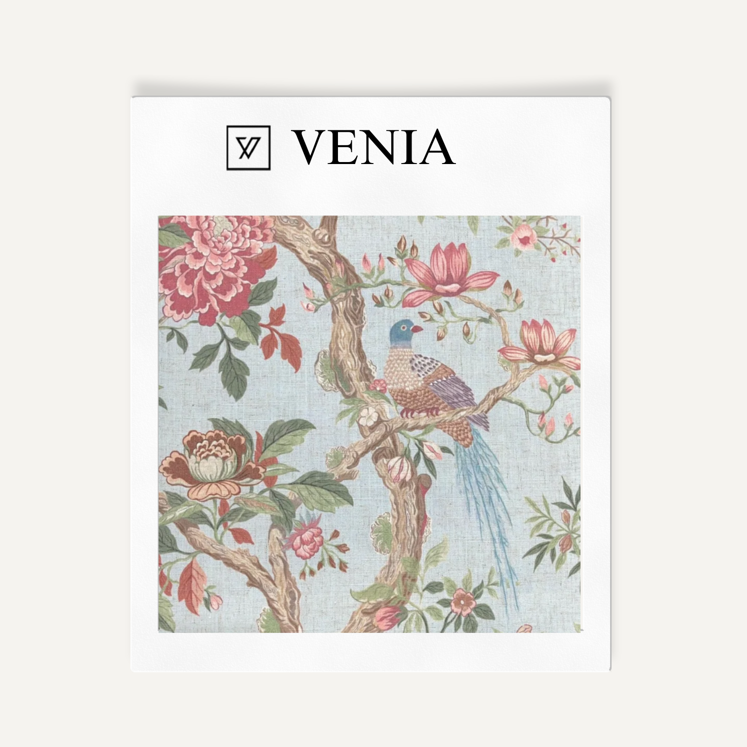 Powder blue birds of paradise upholstery fabric swatch by Venia Home