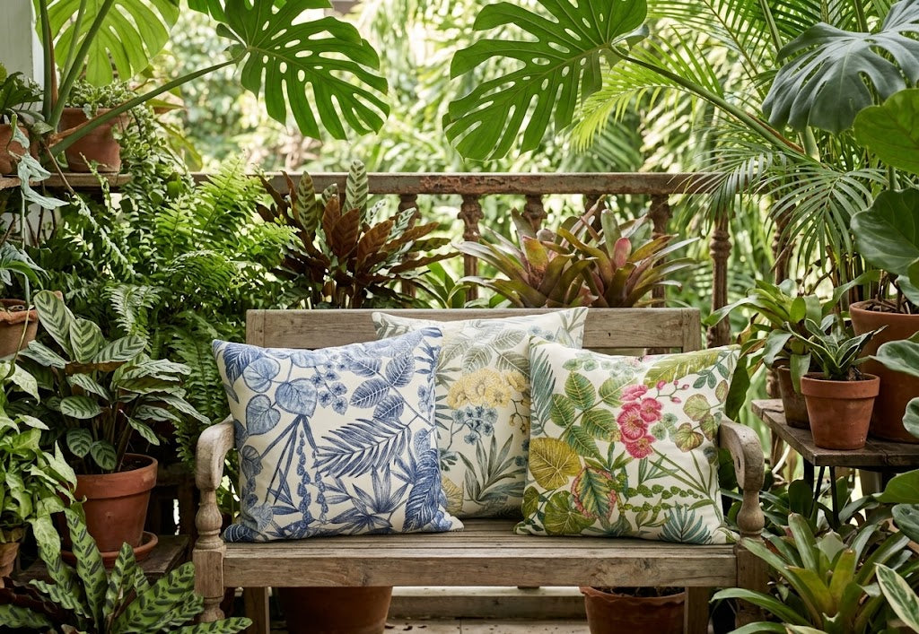 Outdoor cushions and patio seating styled in Venia Bloom botanical waterproof fabric