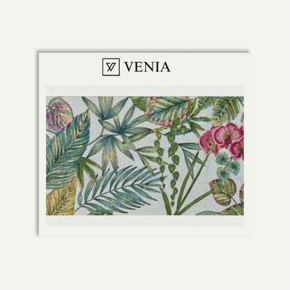 Bloom Palm outdoor fabric swatch with green and teal palm leaf botanical print on cream