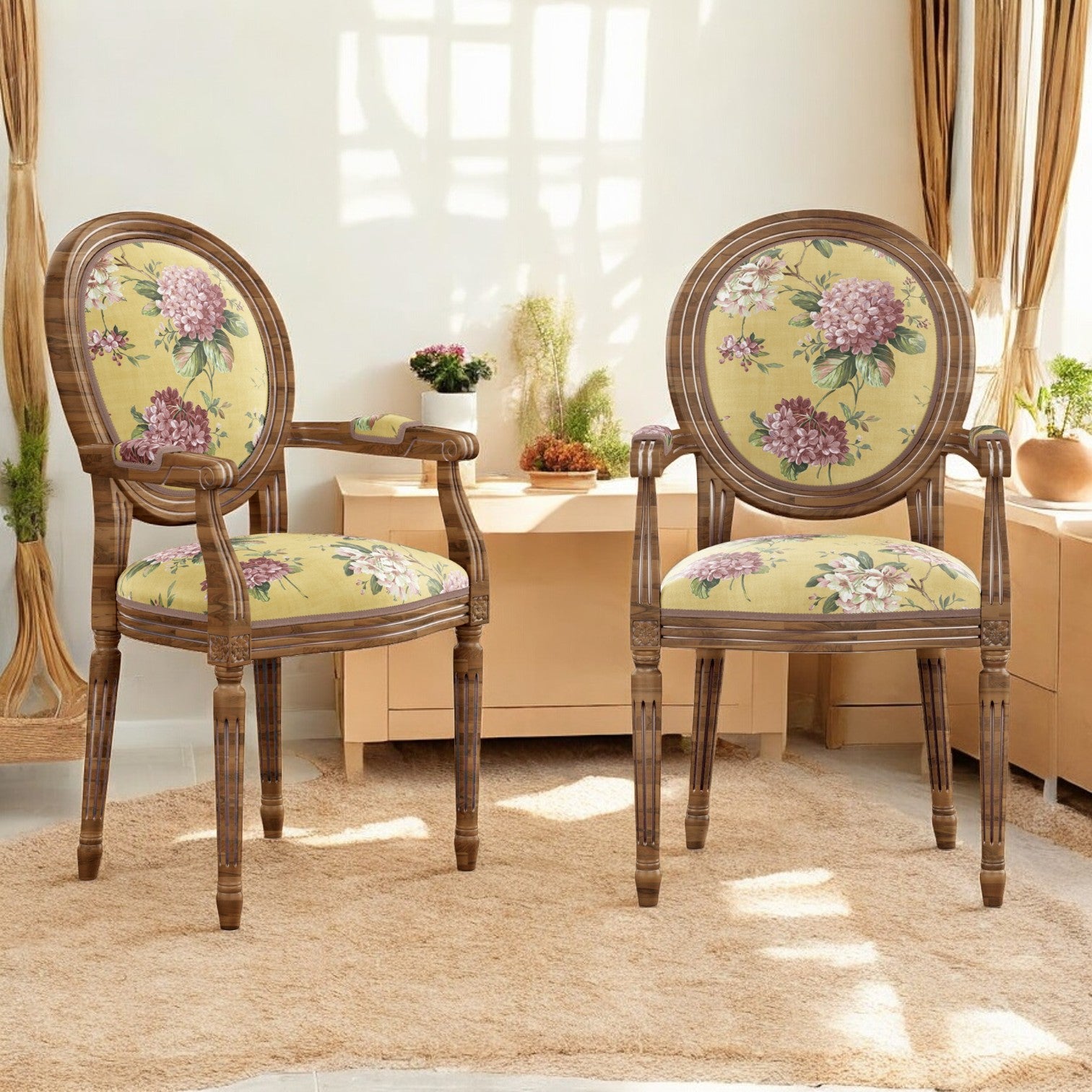 Yellow ochre bloom reverie fabric on upholstered chair