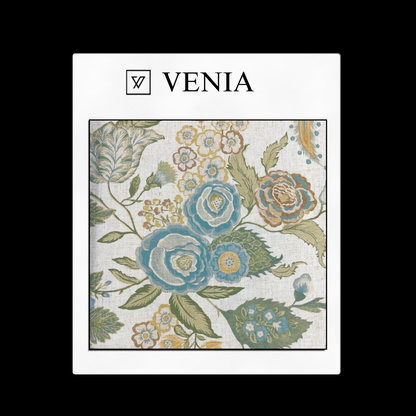 Ivory linen with baby blue flowers blooms and botanicals upholstery fabric swatch by Venia Home