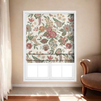 Close-up detail of ivory blooms and botanicals fabric with crimson flowers