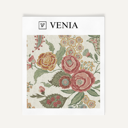 Ivory linen blooms and botanicals fabric with crimson flowers, swatch by Venia Home