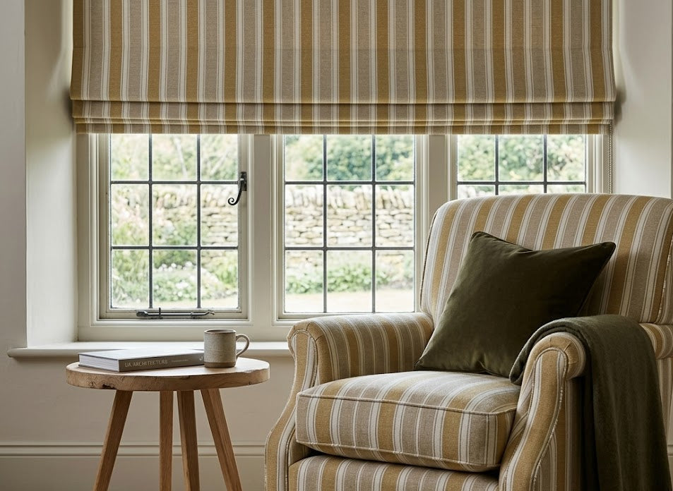 Muted yellow and grey bold stripe fabric as blinds