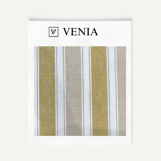Muted yellow and grey bold stripe upholstery fabric swatch by Venia Home
