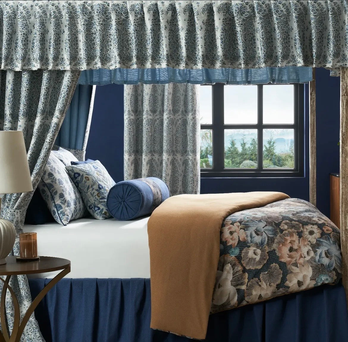 Blue botanical aura fabric on upholstered chair
