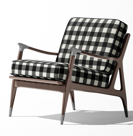 Close-up detail of ivory and black buffalo check fabric