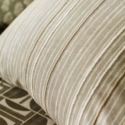 Grey and green chalk stripes fabric embroidery detail