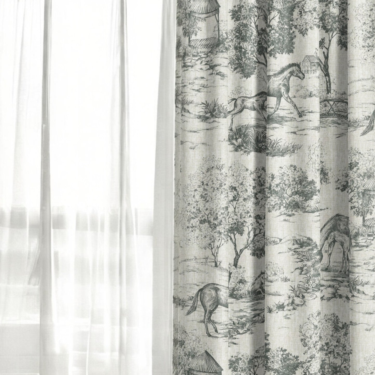 Deep charcoal Château Cheval fabric as curtain