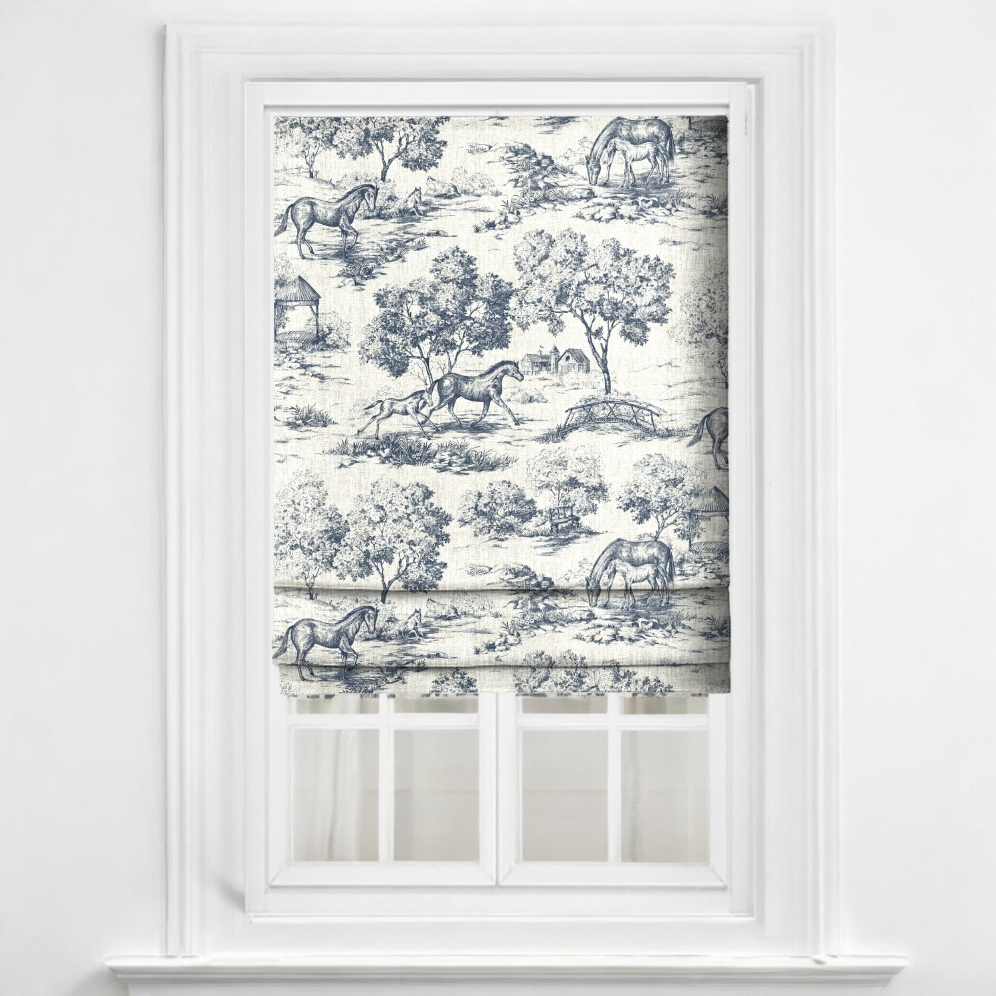 Midnight blue Château Cheval fabric as blinds