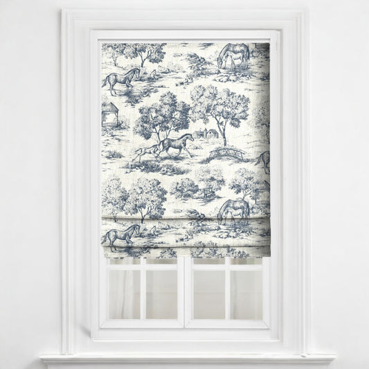 Midnight blue Château Cheval fabric as blinds