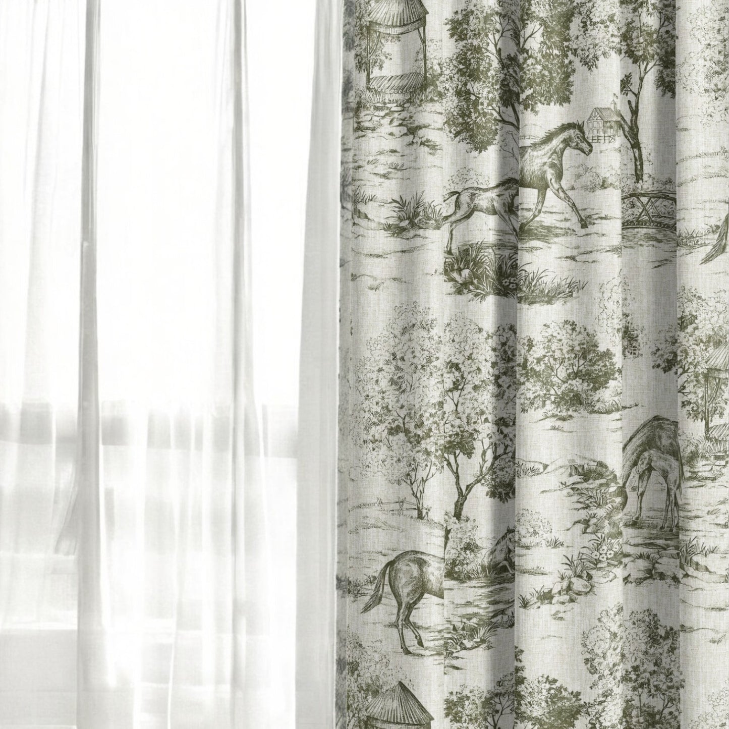 Olive green Château Cheval fabric as curtain