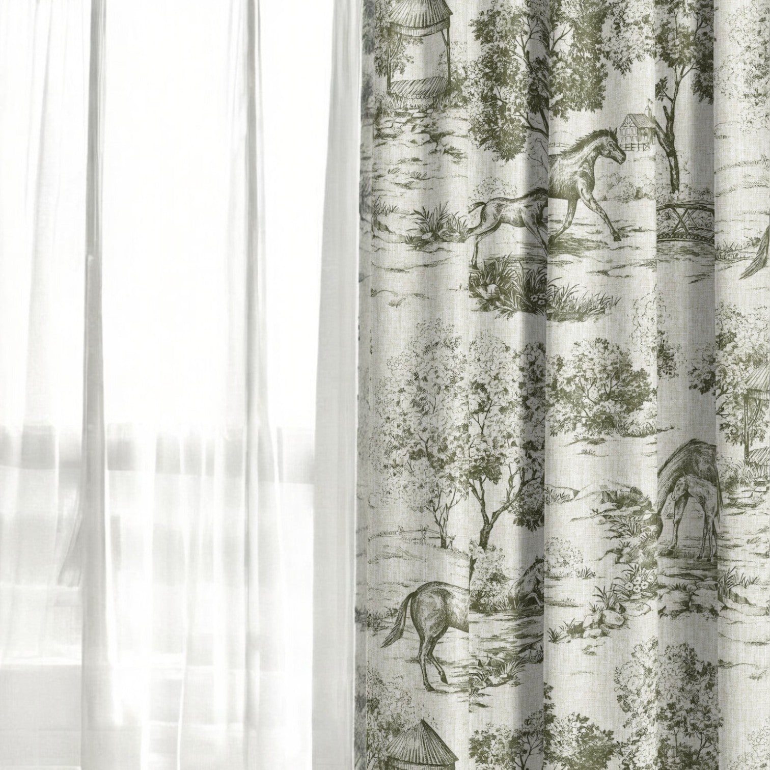 Olive green Château Cheval fabric as curtain