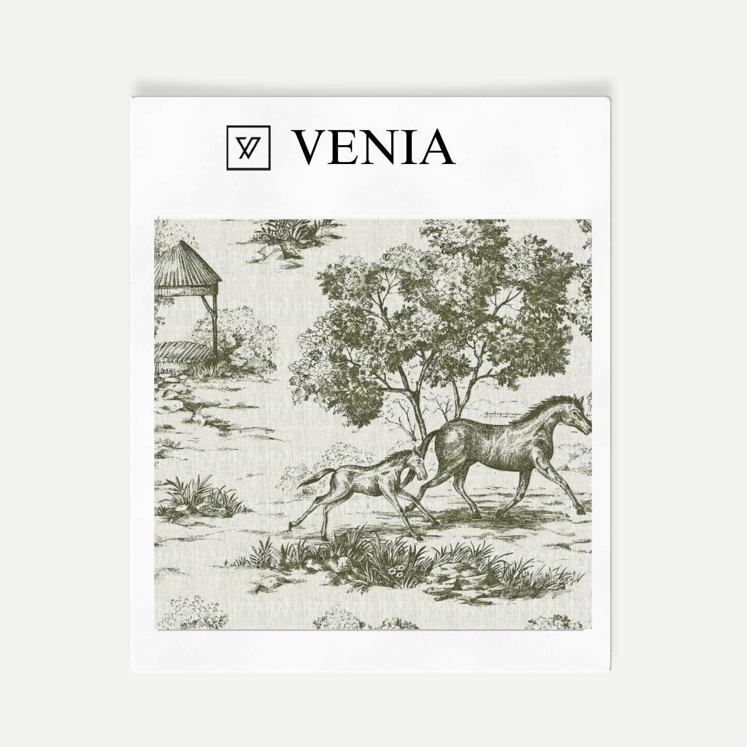 Olive green Château Cheval upholstery fabric swatch by Venia Home
