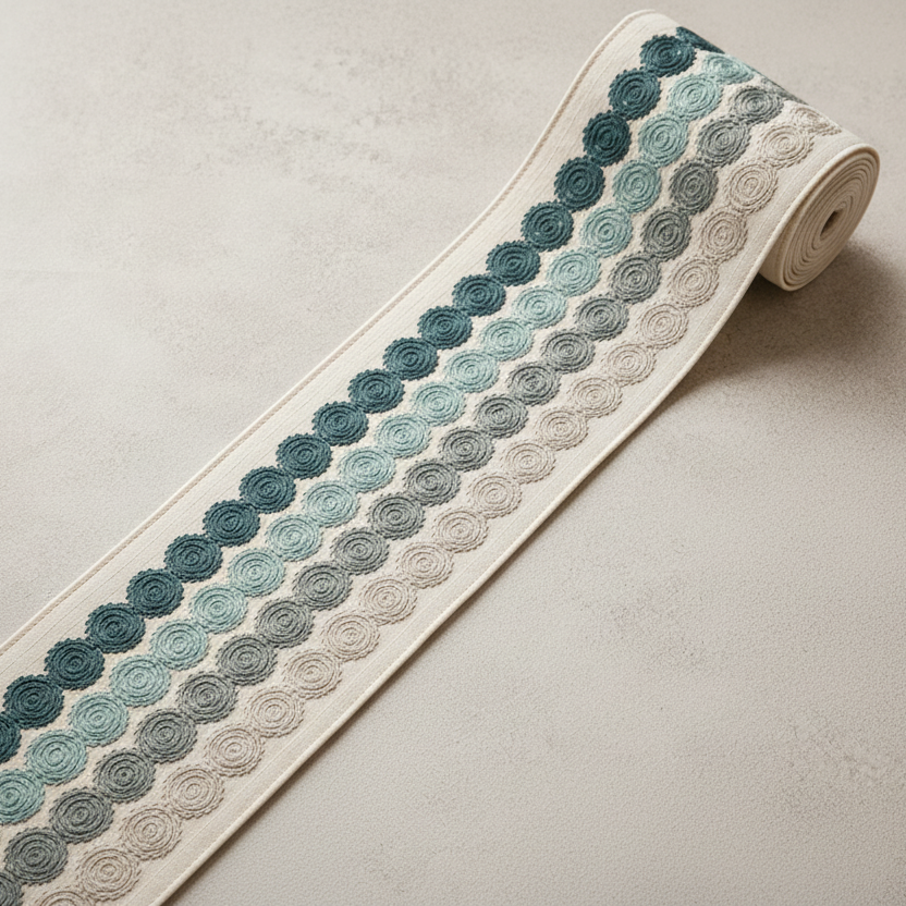 Blue circular embroidered trim swatch by Venia Home