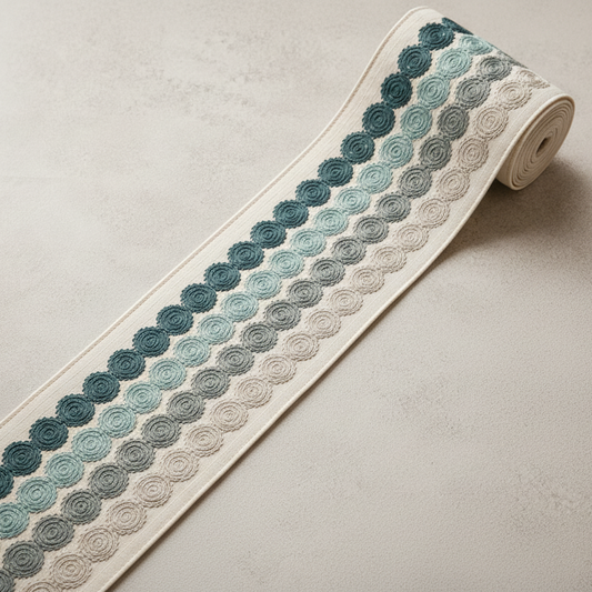 Blue circular embroidered trim swatch by Venia Home