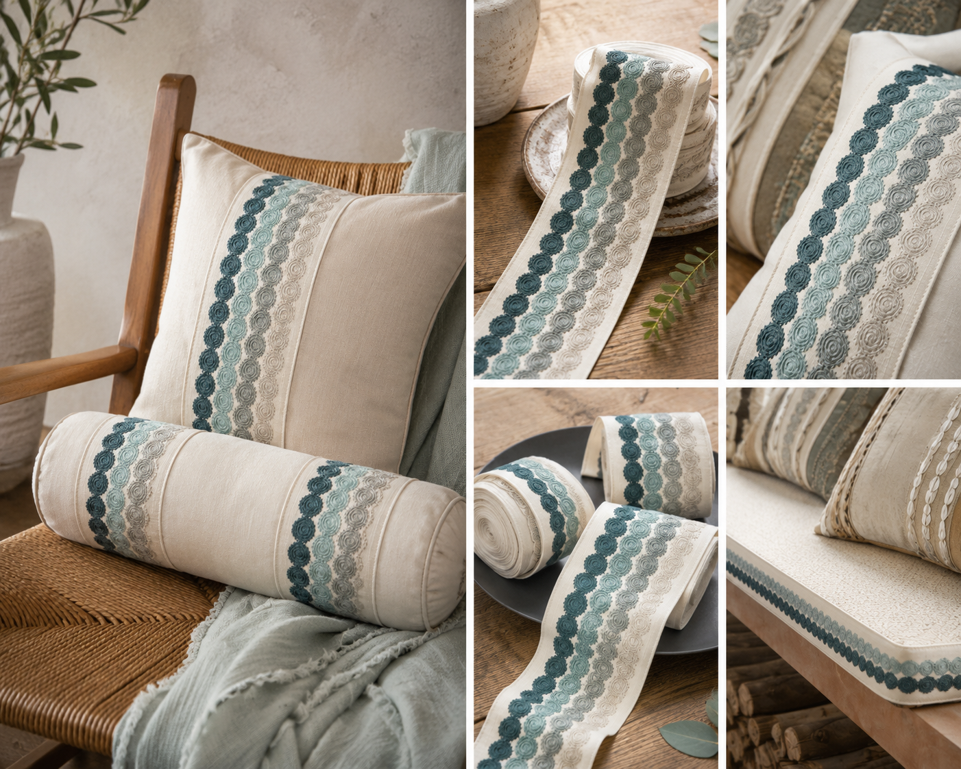 Texture of blue circular embroidered trim medallions