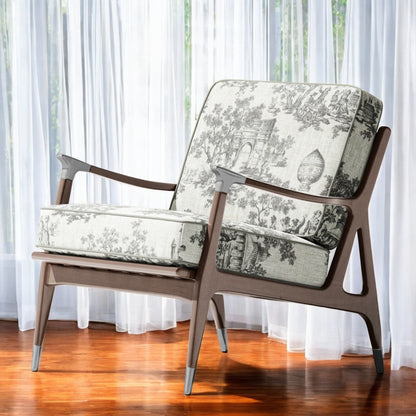 Charcoal grey classic French toile fabric on an accent chair