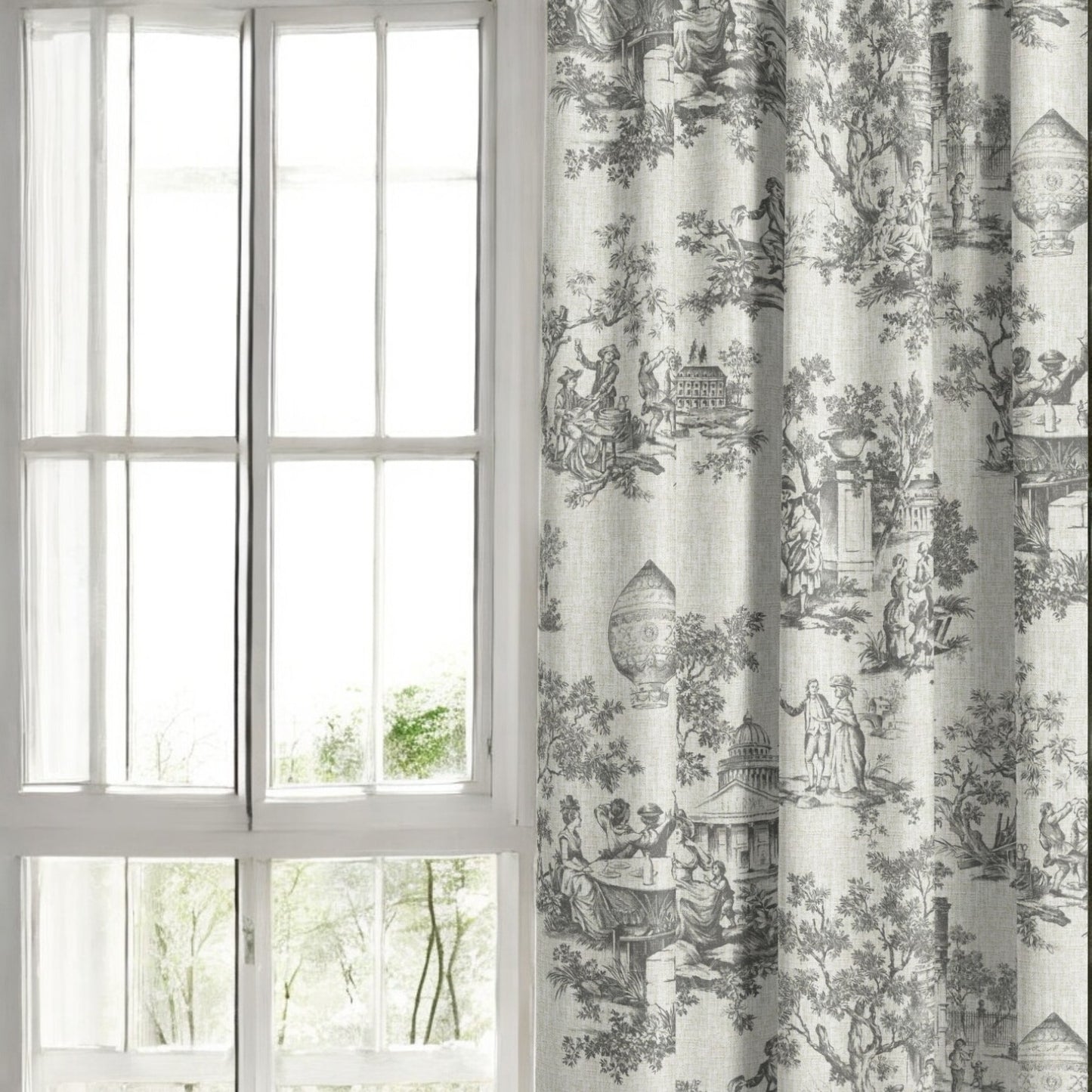 Charcoal grey classic French toile fabric as curtain