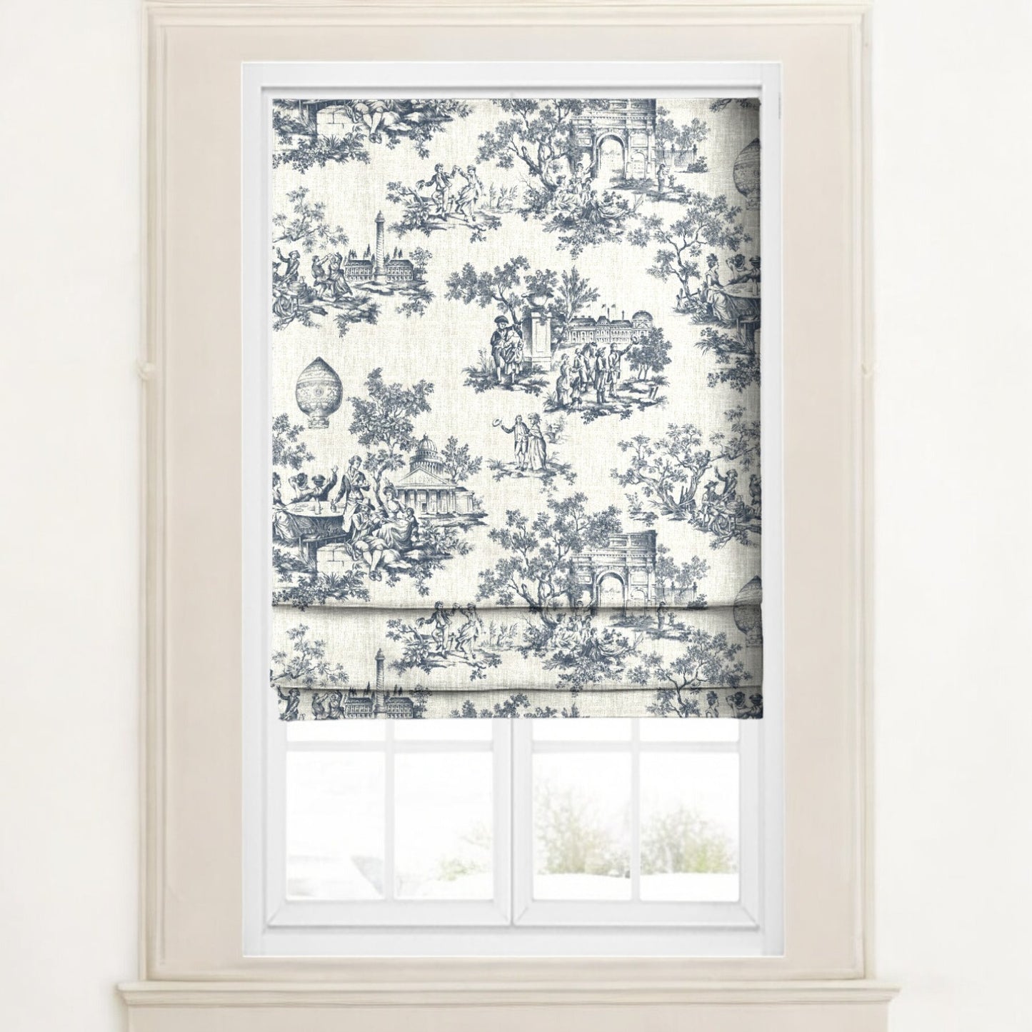 Midnight blue classic French toile fabric as blinds
