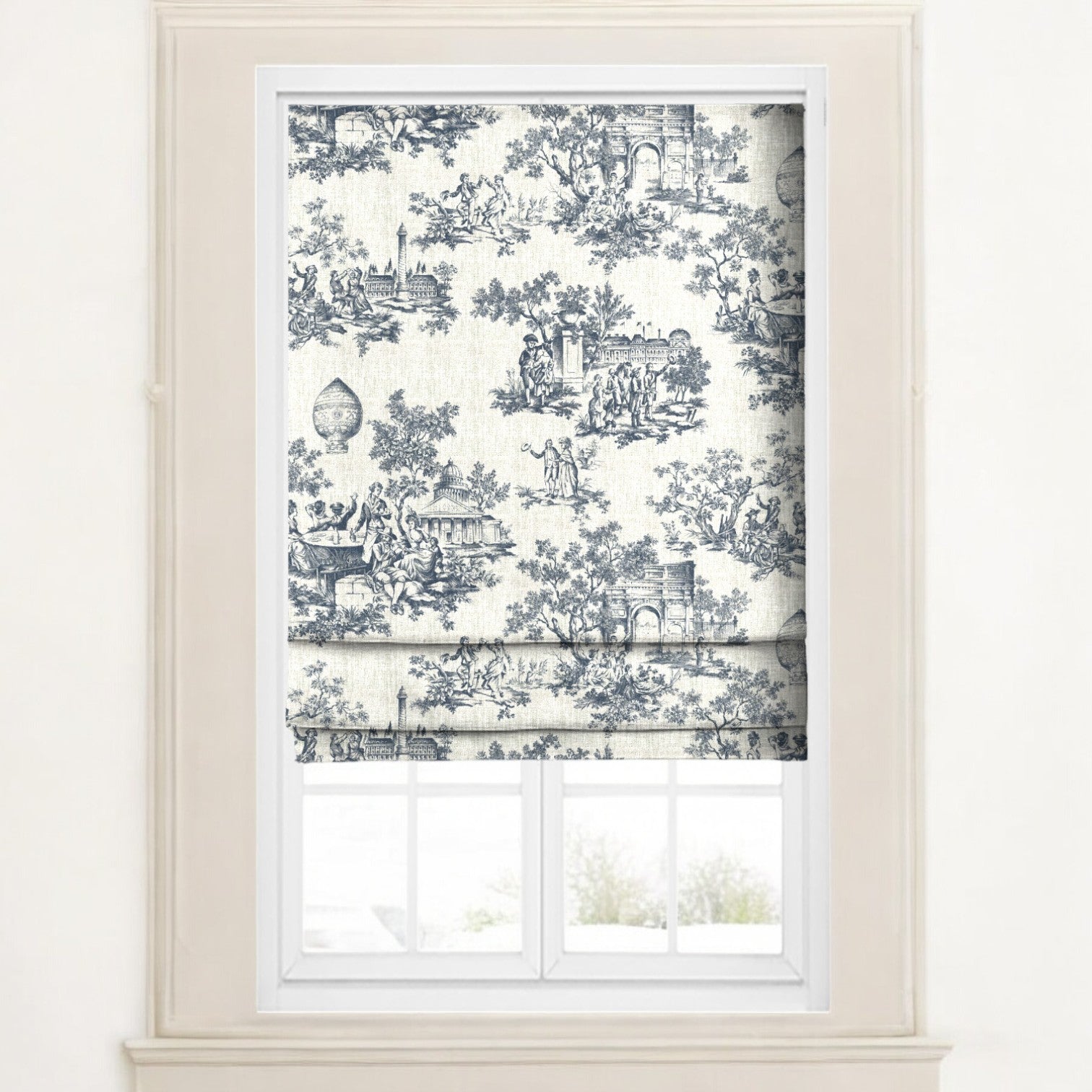 Midnight blue classic French toile fabric as blinds