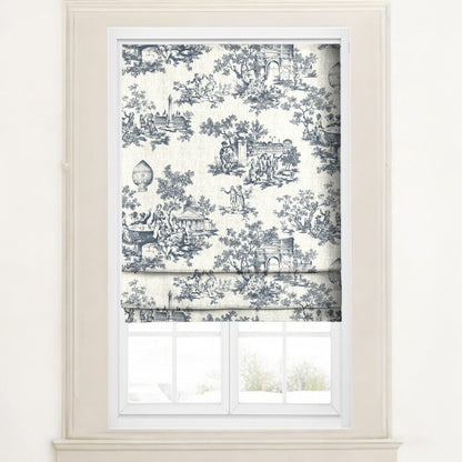 Midnight blue classic French toile fabric as blinds