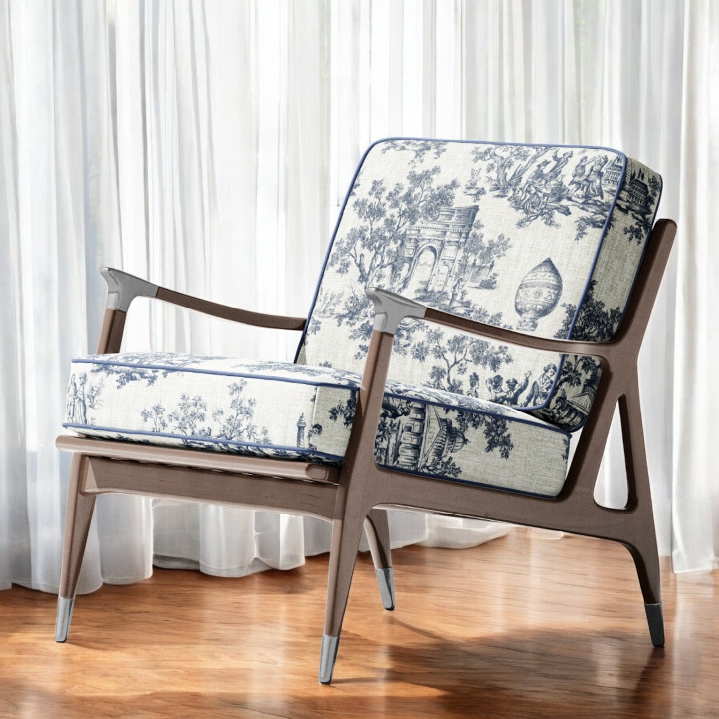 Midnight blue classic French toile fabric on an accent chair