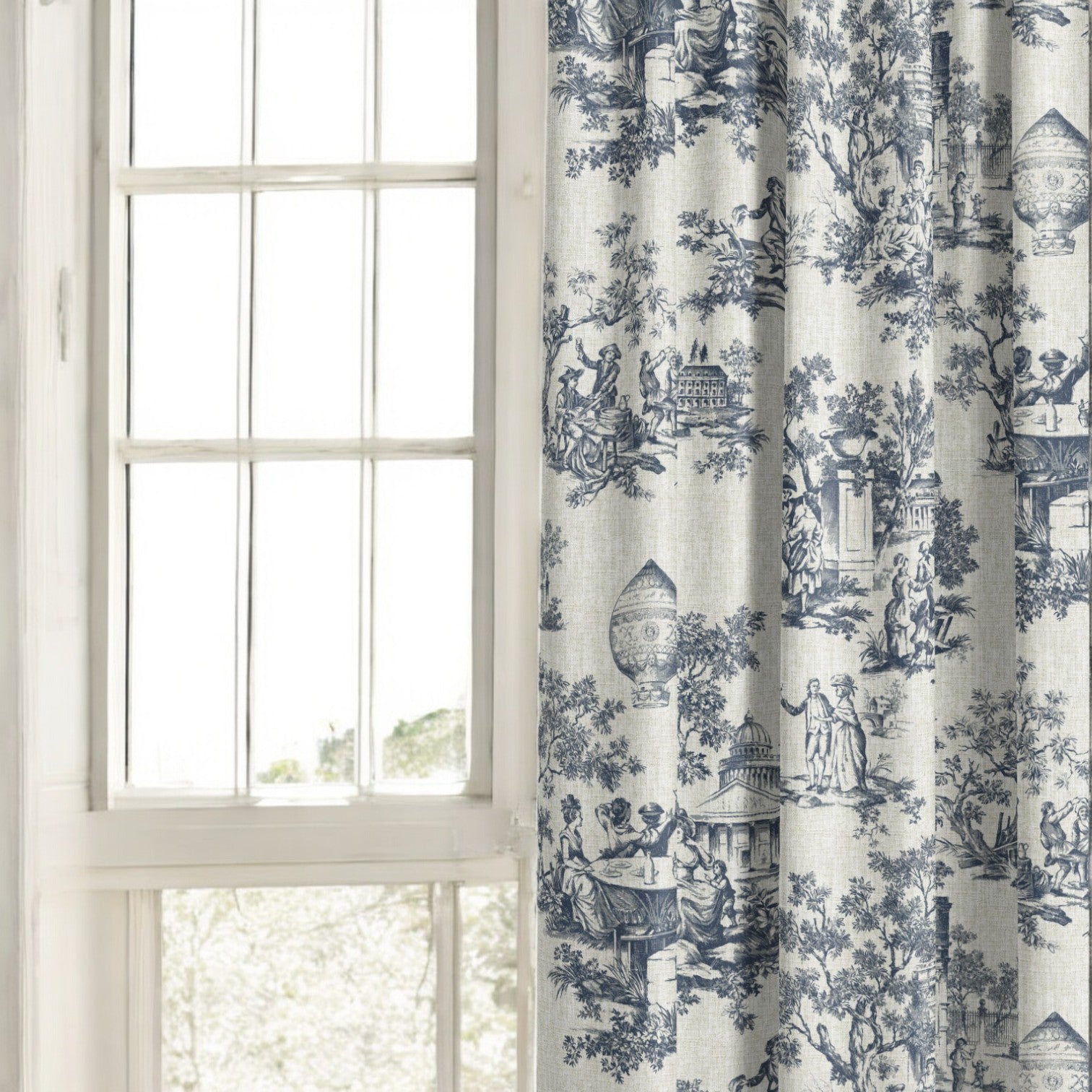 Midnight blue classic French toile fabric as curtain