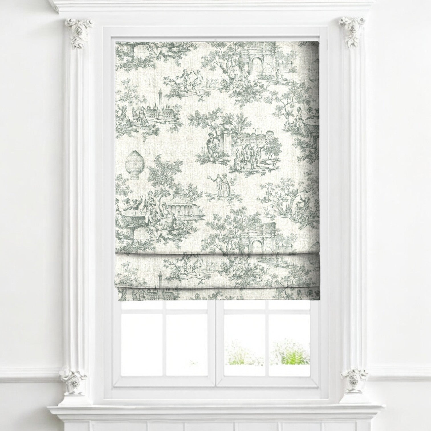 Mint green classic French toile fabric as blinds