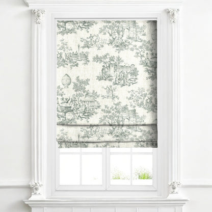 Mint green classic French toile fabric as blinds