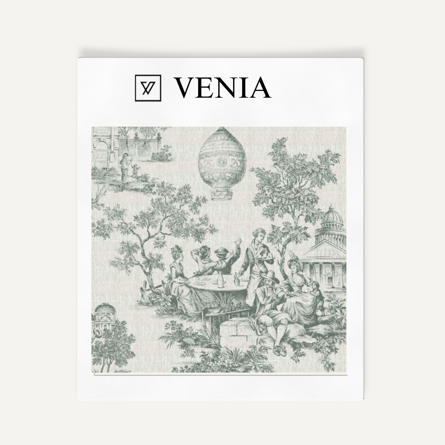 Mint green classic French toile upholstery fabric swatch by Venia Home