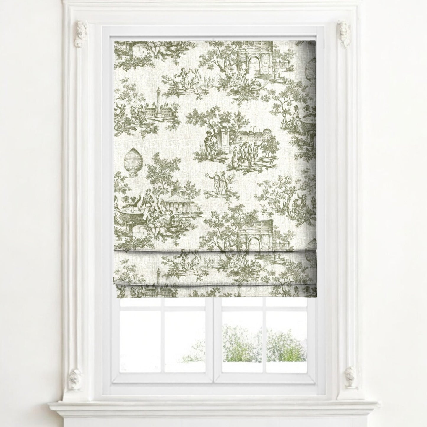Olive green classic French toile fabric as blinds