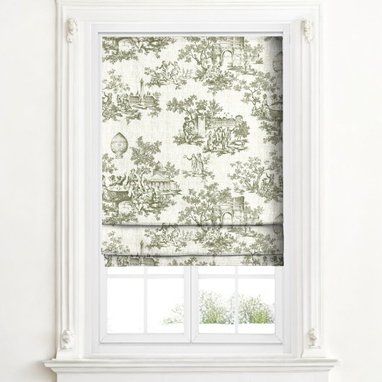 Olive green classic French toile fabric as blinds