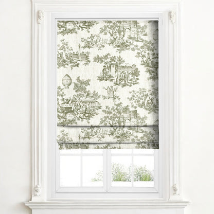 Olive green classic French toile fabric as blinds