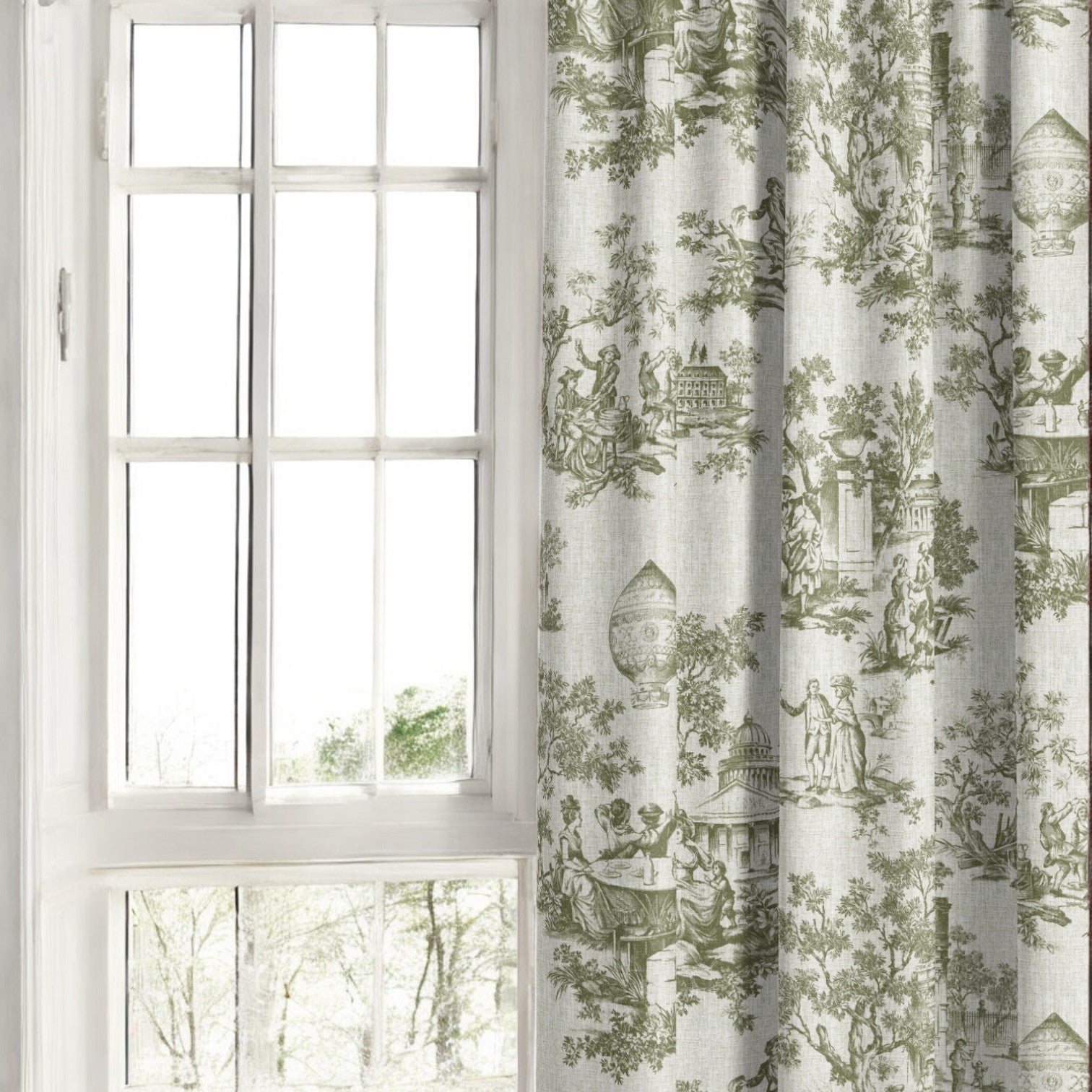 Olive green classic French toile fabric as curtain