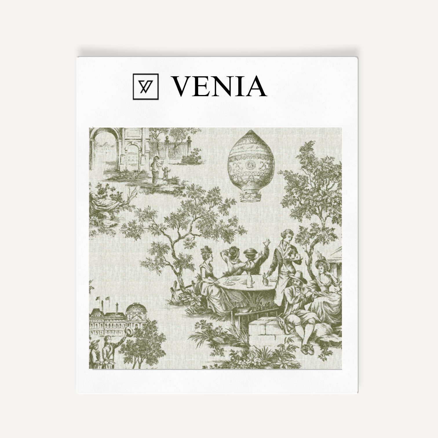 Olive green classic French toile upholstery fabric swatch by Venia Home