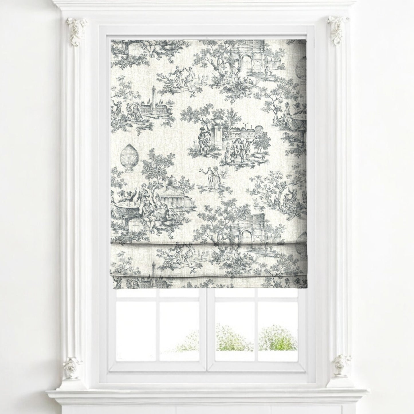 Periwinkle blue classic French toile fabric as blinds