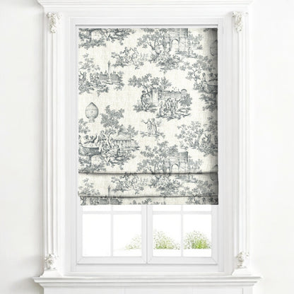 Periwinkle blue classic French toile fabric as blinds