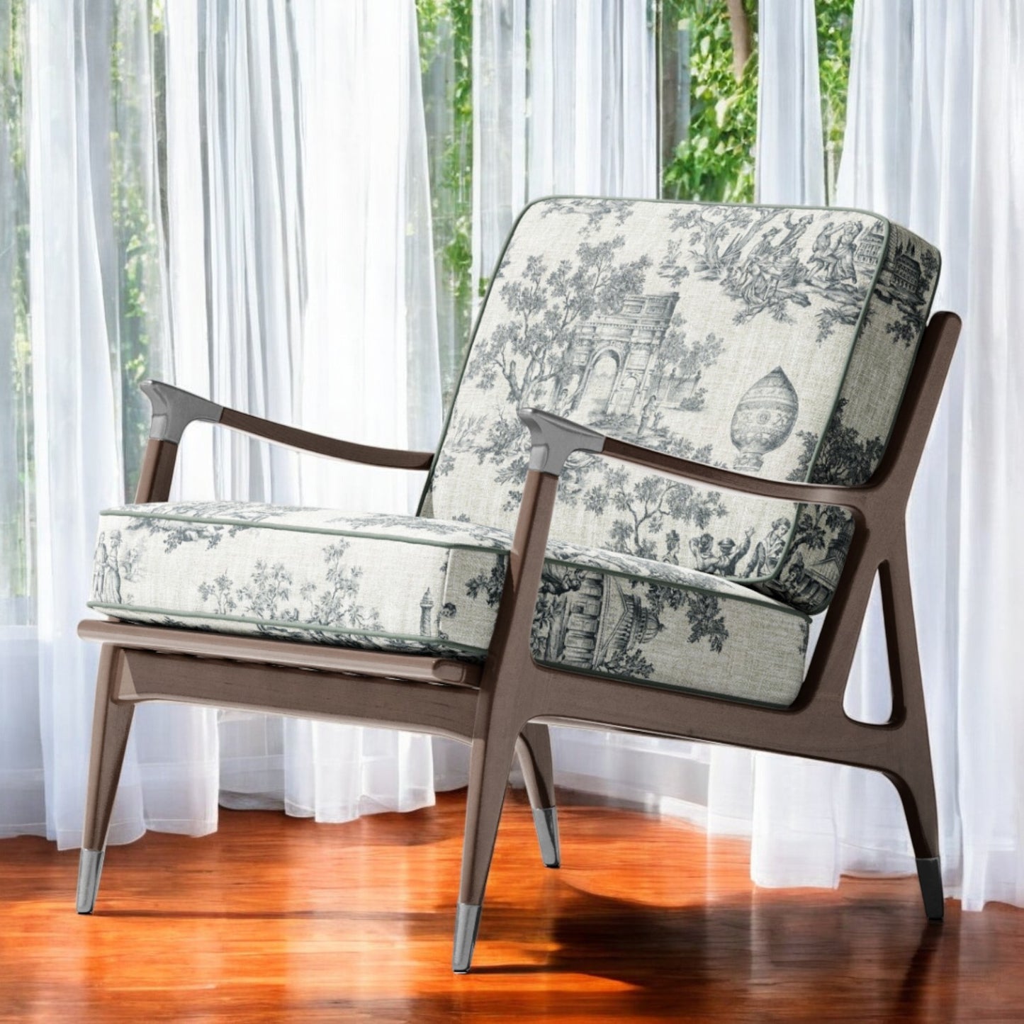 Periwinkle blue classic French toile fabric on an accent chair