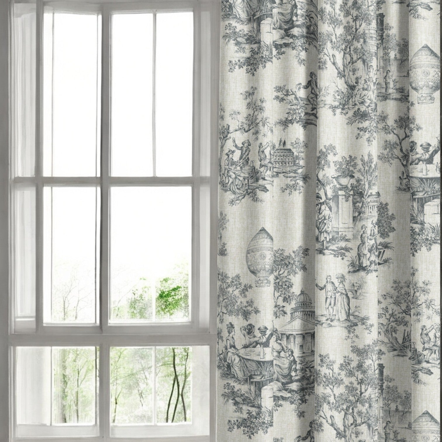 Periwinkle blue classic French toile fabric as curtain