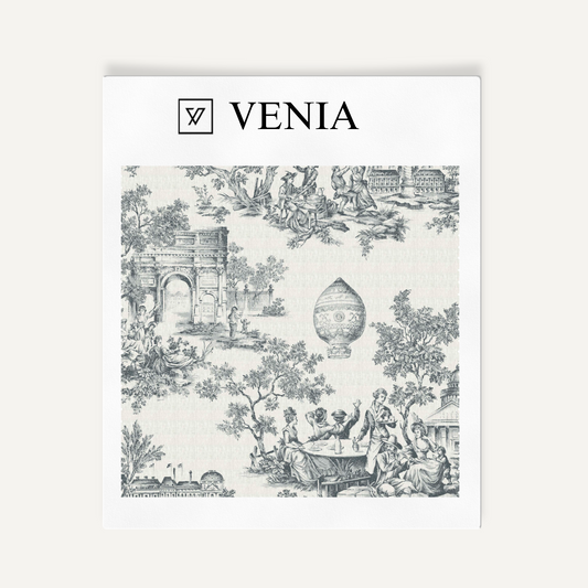 Periwinkle blue classic French toile upholstery fabric swatch by Venia Home